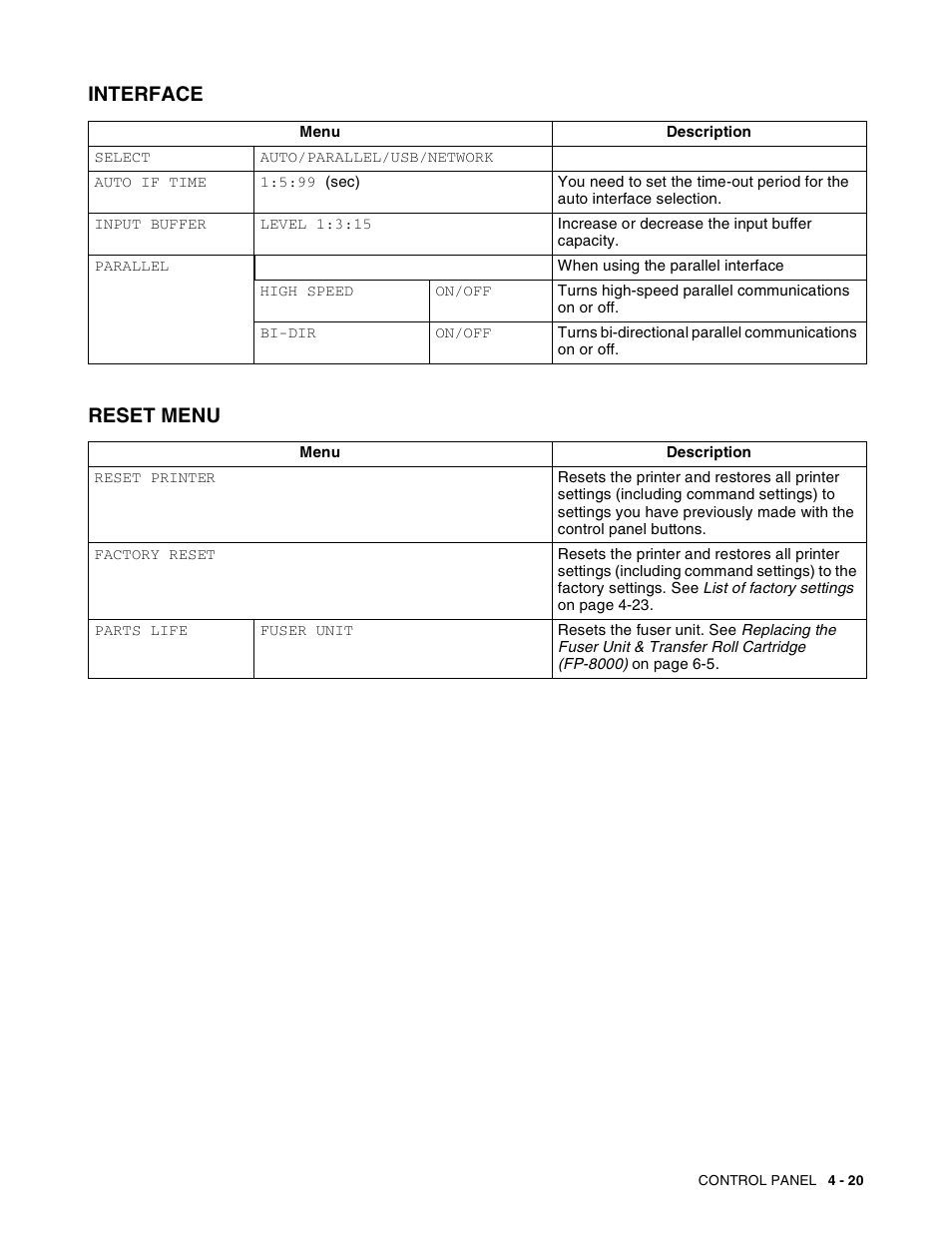 Interface, Reset menu, Interface -20 reset menu -20 | Interface reset menu | Brother HL-8050N User Manual | Page 100 / 216