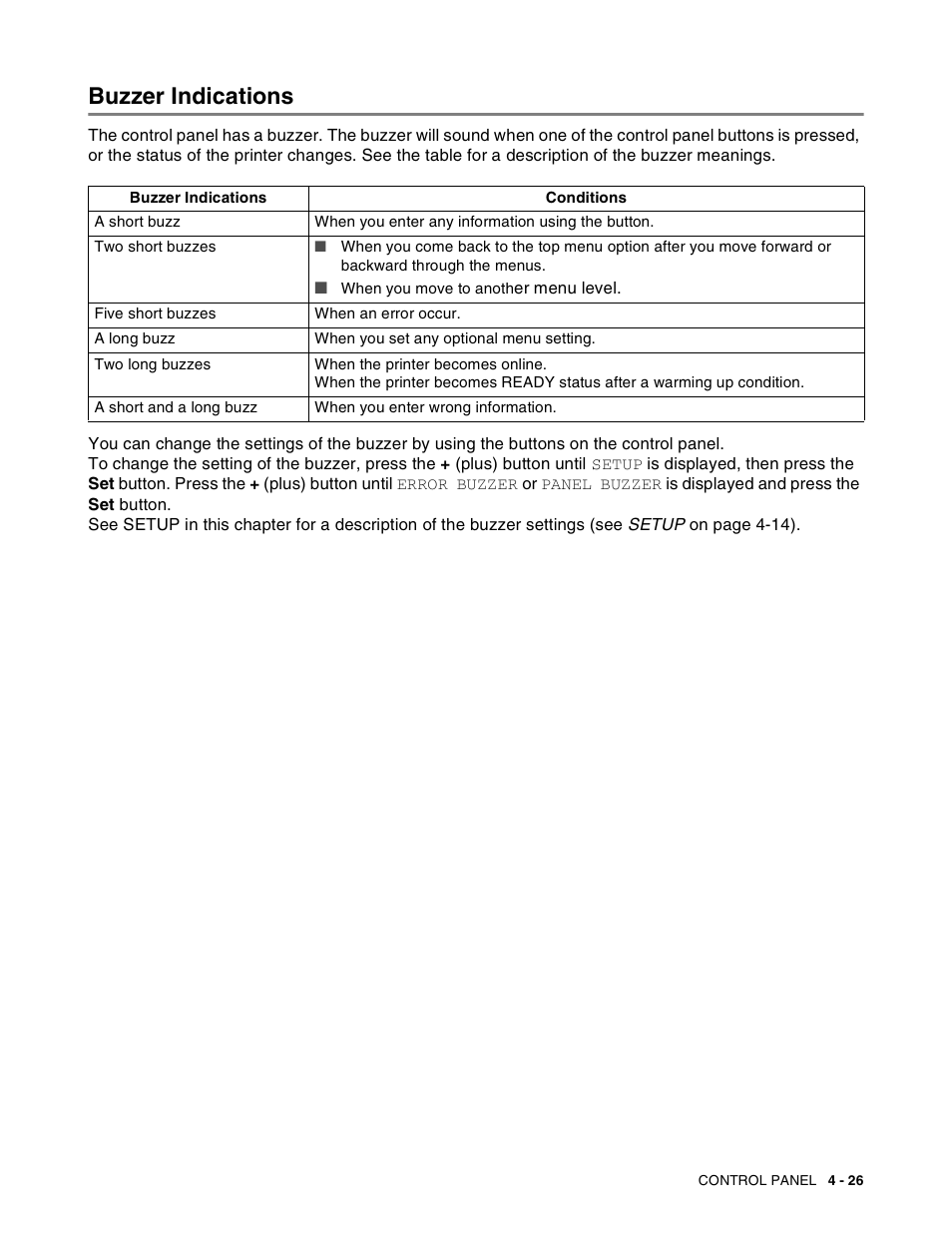 Buzzer indications, Buzzer indications -26 | Brother HL-8050N User Manual | Page 106 / 216