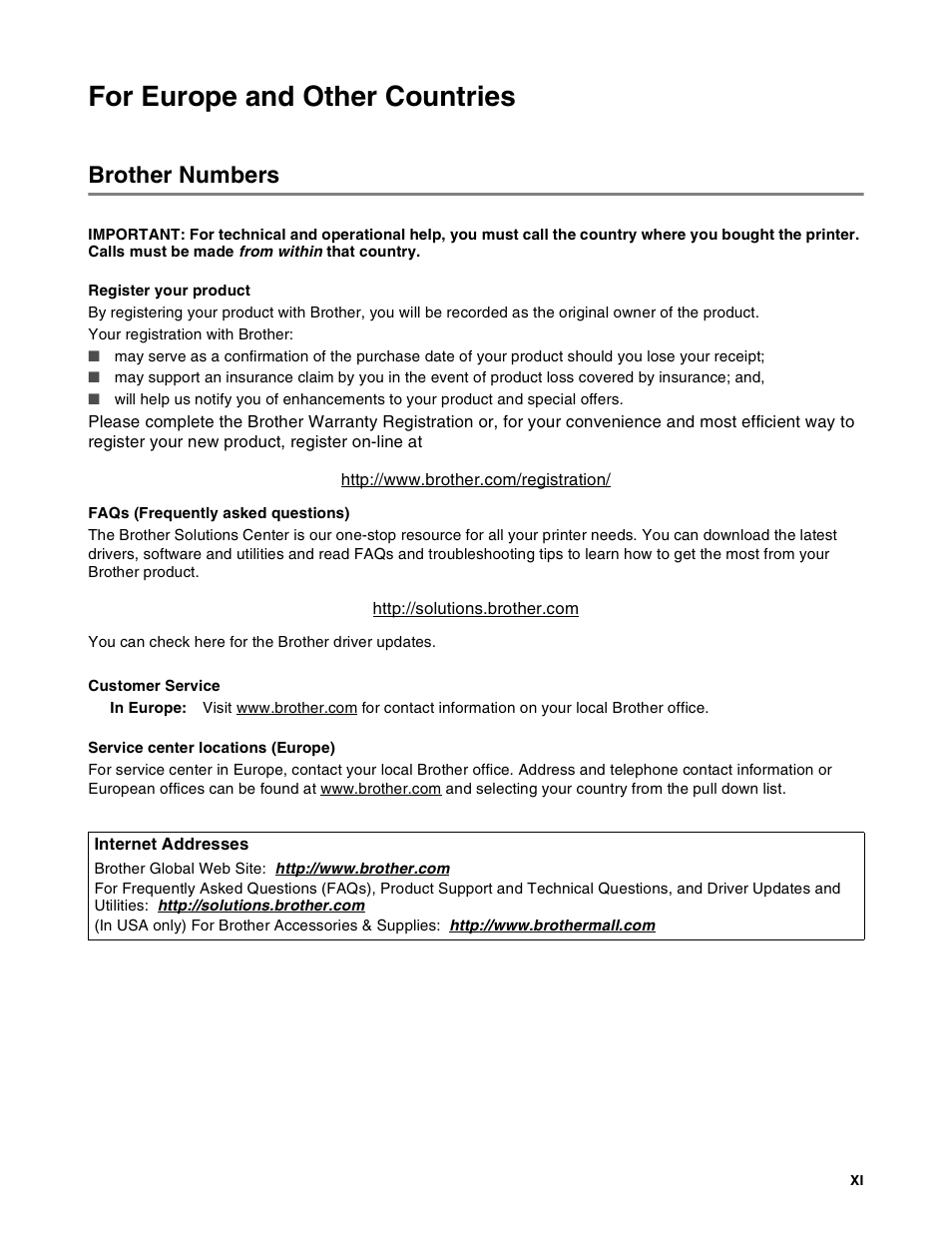 For europe and other countries, Brother numbers | Brother HL-8050N User Manual | Page 12 / 216