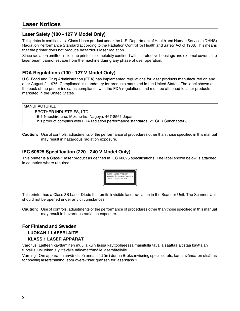Laser notices | Brother HL-8050N User Manual | Page 13 / 216