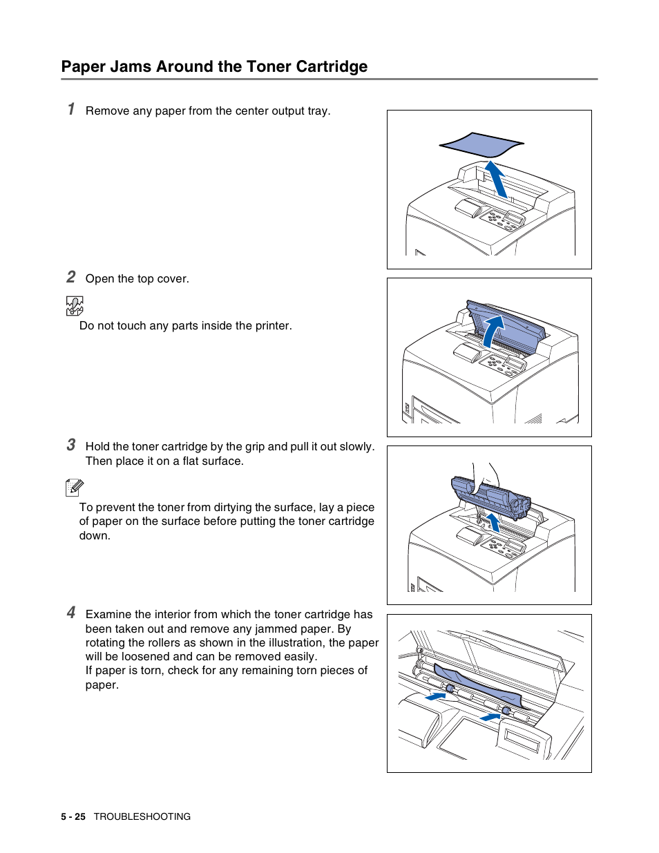 Paper jams around the toner cartridge, Paper jams around the toner cartridge -25 | Brother HL-8050N User Manual | Page 131 / 216