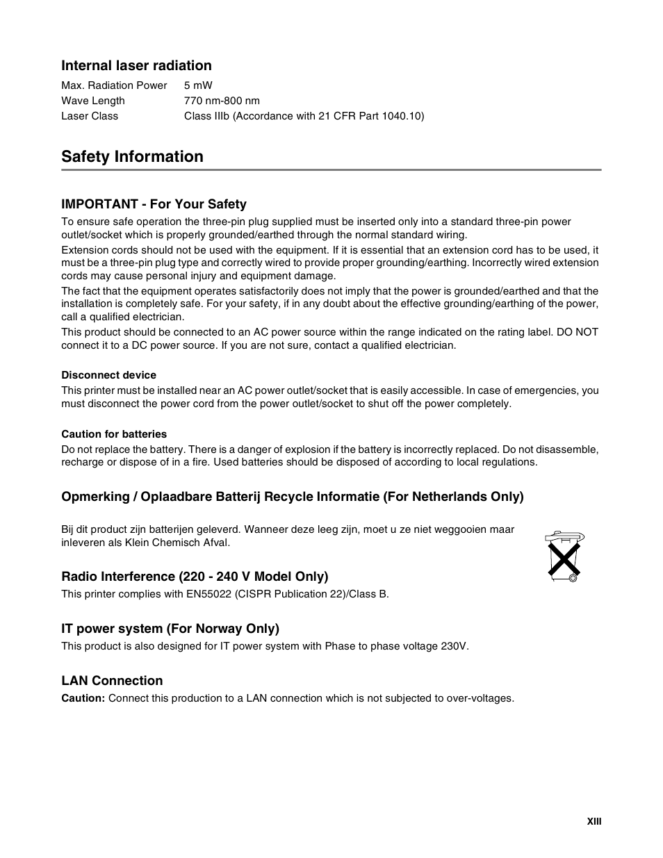 Internal laser radiation, Safety information | Brother HL-8050N User Manual | Page 14 / 216