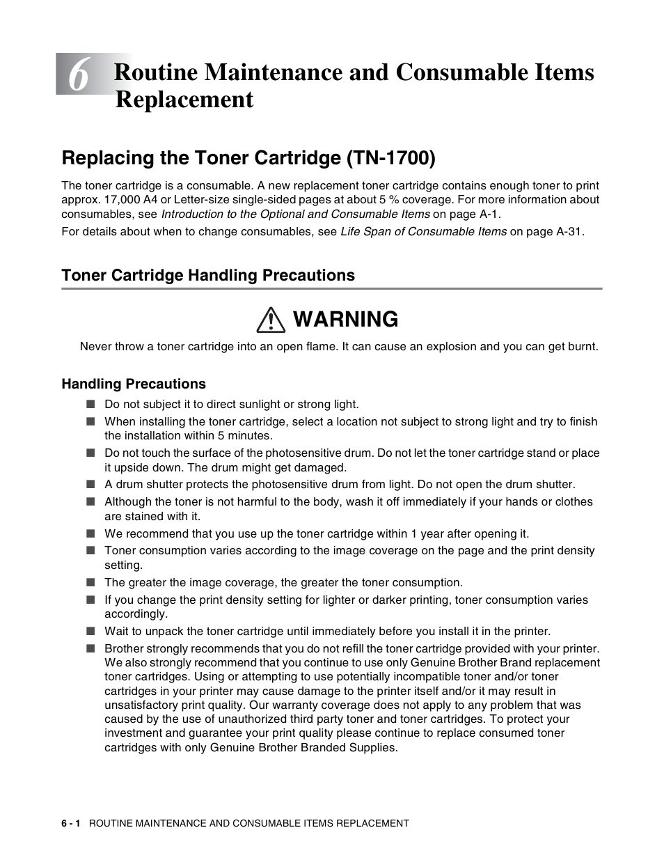 Replacing the toner cartridge (tn-1700), Toner cartridge handling precautions, Handling precautions | Replacing the toner cartridge (tn-1700) -1, Toner cartridge handling precautions -1, Handling precautions -1, Warning | Brother HL-8050N User Manual | Page 141 / 216