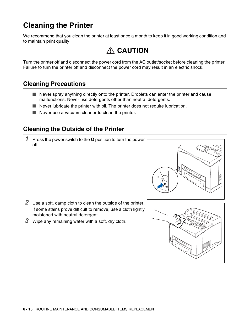 Cleaning the printer, Cleaning precautions, Cleaning the outside of the printer | Cleaning the printer -15, Caution | Brother HL-8050N User Manual | Page 155 / 216