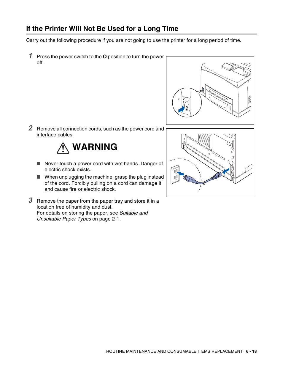If the printer will not be used for a long time, Warning | Brother HL-8050N User Manual | Page 158 / 216