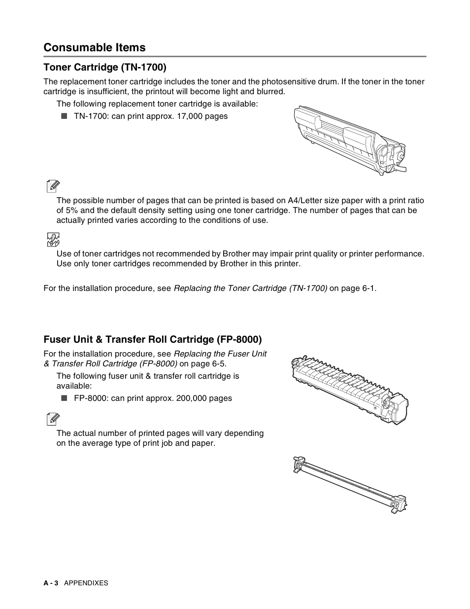 Consumable items, Toner cartridge (tn-1700), Fuser unit & transfer roll cartridge (fp-8000) | Brother HL-8050N User Manual | Page 161 / 216