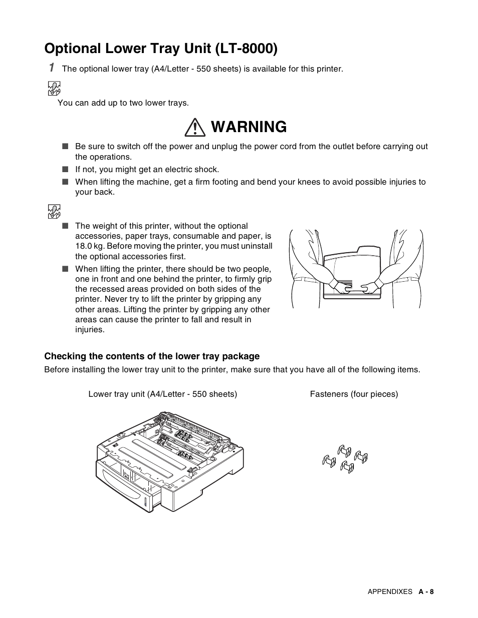 Optional lower tray unit (lt-8000), Warning | Brother HL-8050N User Manual | Page 166 / 216