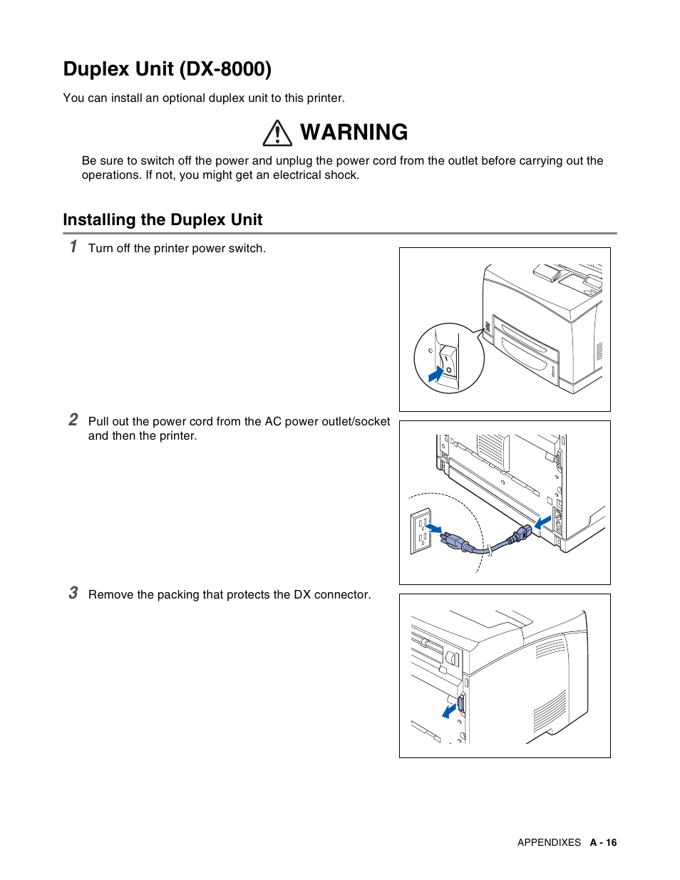 Duplex unit (dx-8000), Installing the duplex unit, Warning | Brother HL-8050N User Manual | Page 174 / 216