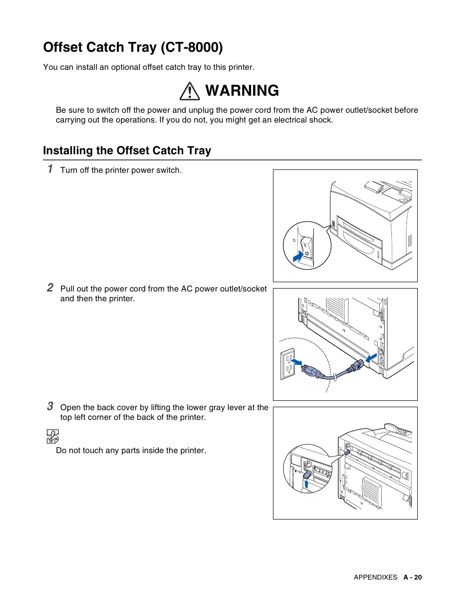 Offset catch tray (ct-8000), Installing the offset catch tray, Warning | Brother HL-8050N User Manual | Page 178 / 216