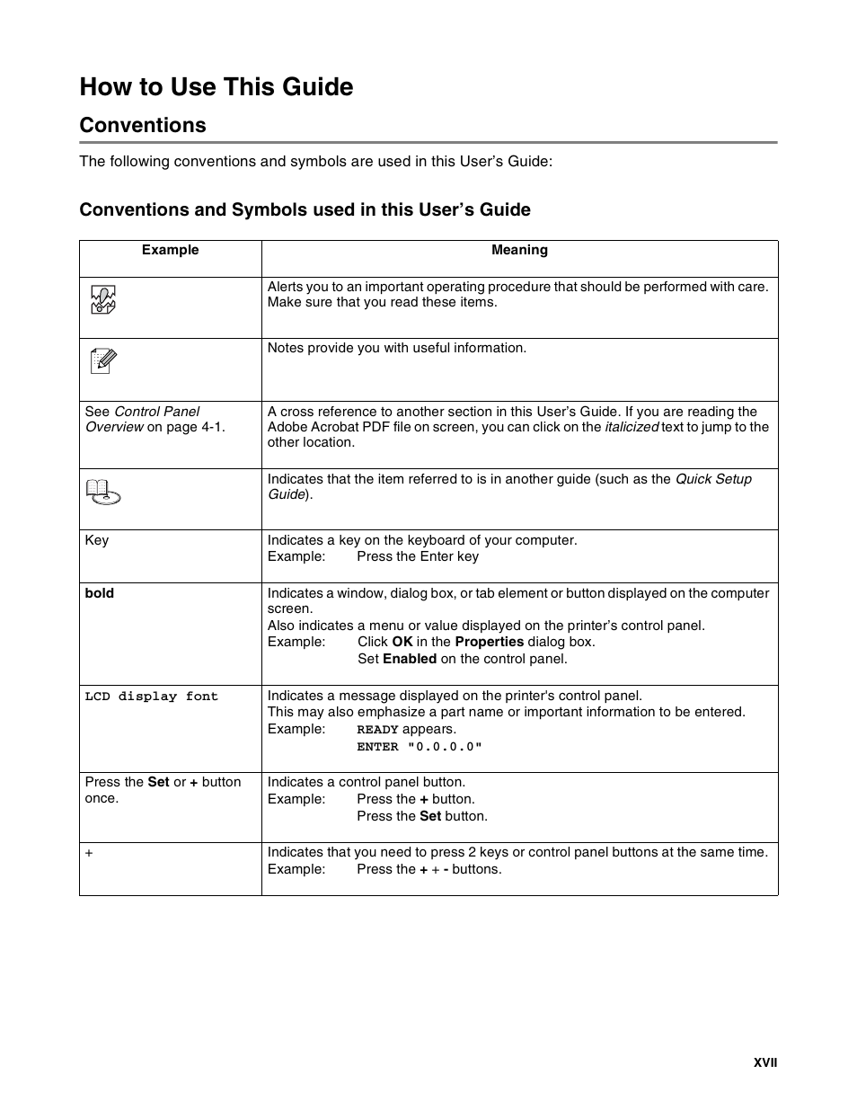 How to use this guide, Conventions, Conventions and symbols used in this user’s guide | Brother HL-8050N User Manual | Page 18 / 216