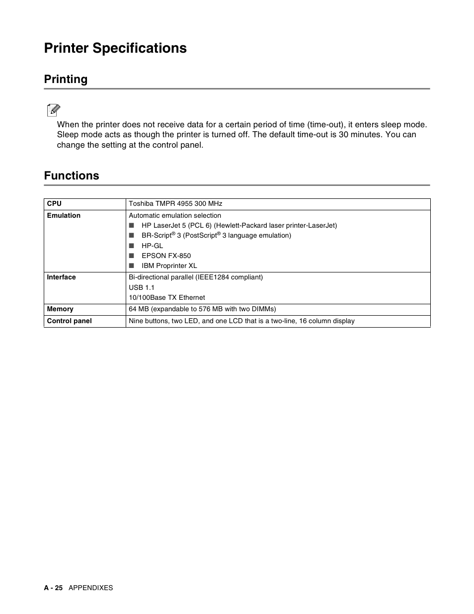 Printer specifications, Printing, Functions | Brother HL-8050N User Manual | Page 183 / 216