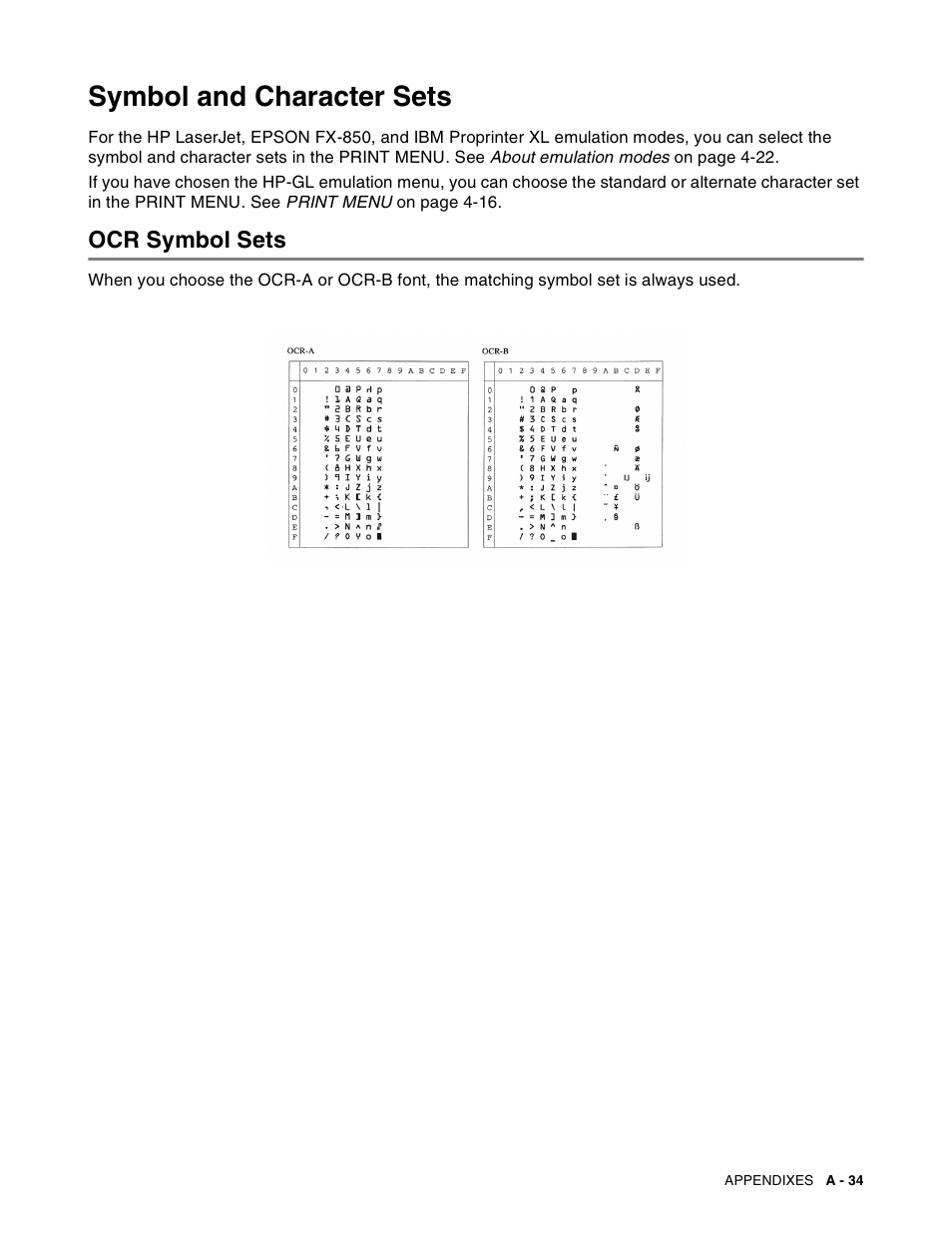 Symbol and character sets, Ocr symbol sets | Brother HL-8050N User Manual | Page 192 / 216