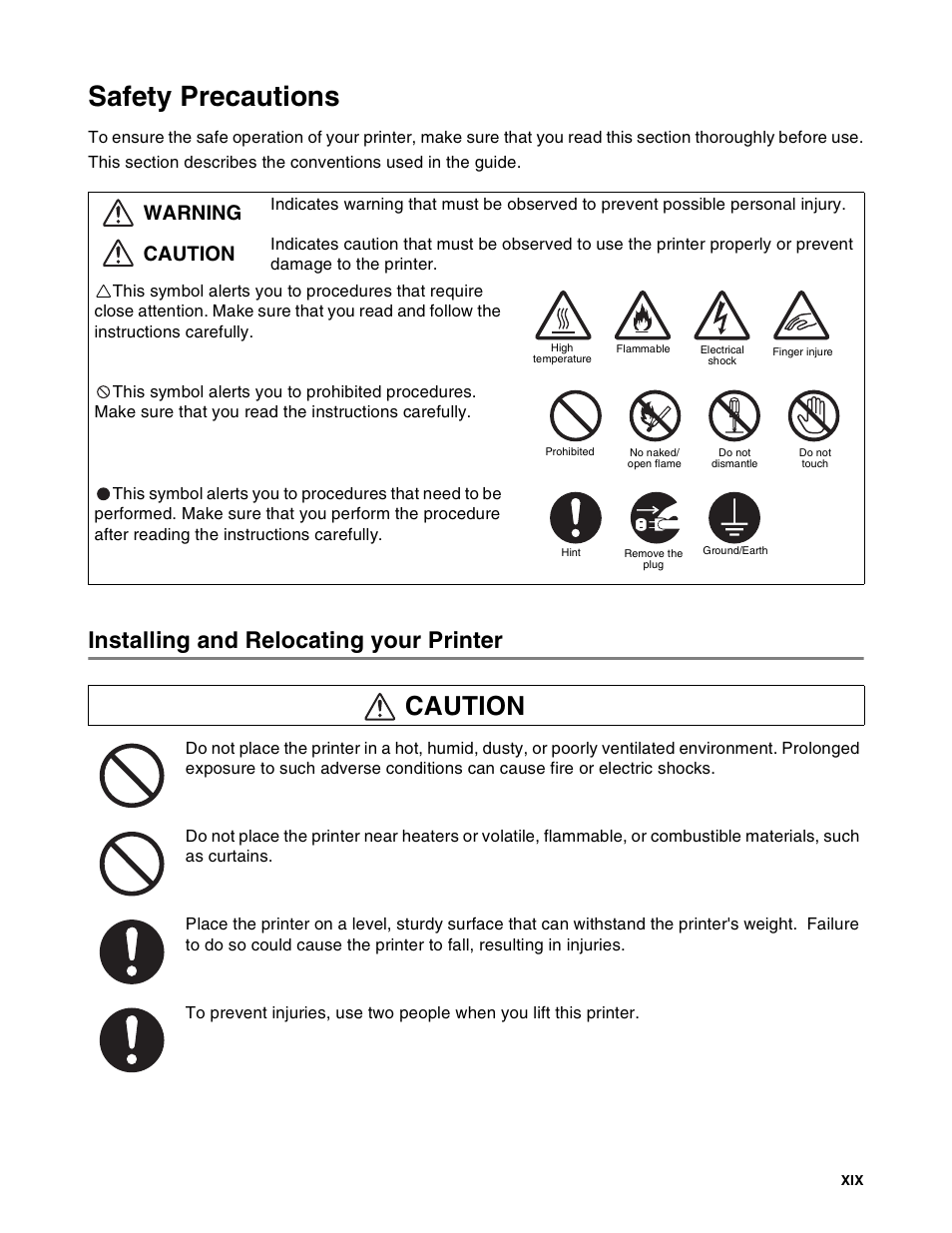 Safety precautions, Installing and relocating your printer, Caution | Warning caution | Brother HL-8050N User Manual | Page 20 / 216