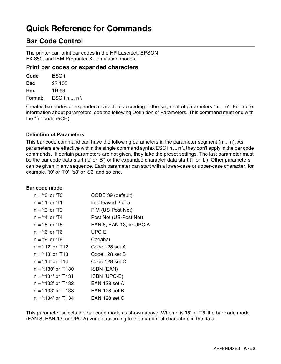 Quick reference for commands, Bar code control, Print bar codes or expanded characters | Brother HL-8050N User Manual | Page 208 / 216