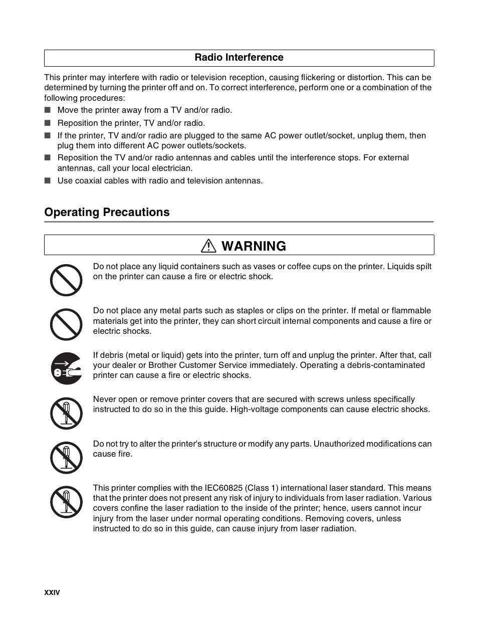 Radio interference, Operating precautions, Warning | Brother HL-8050N User Manual | Page 25 / 216