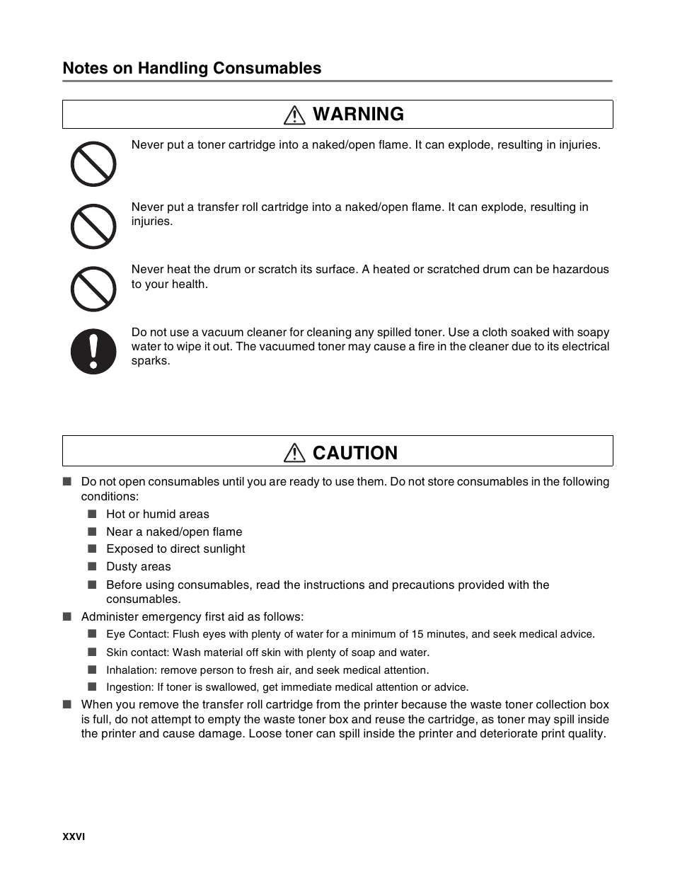 Notes on handling consumables, Warning caution | Brother HL-8050N User Manual | Page 27 / 216