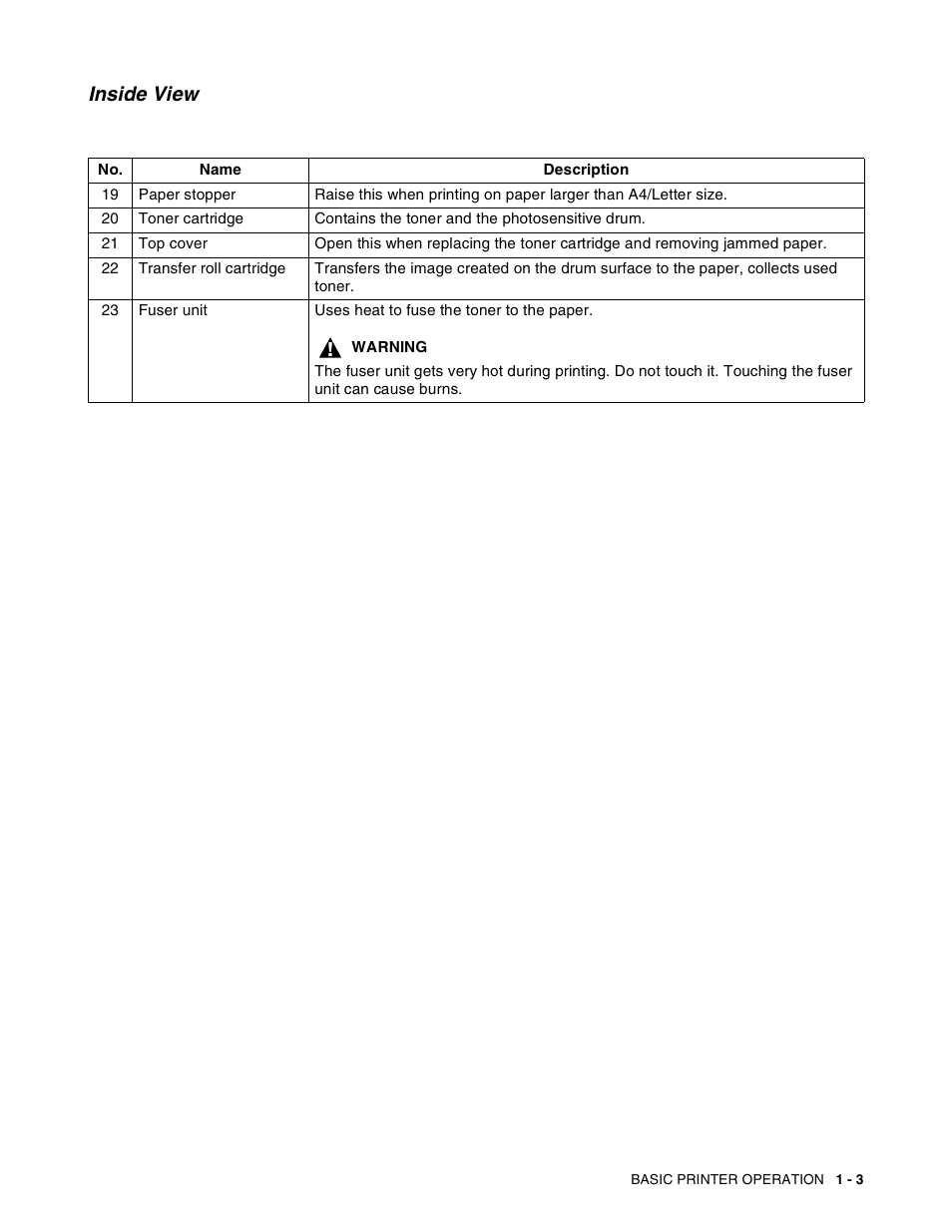 Inside view, Inside view -3 | Brother HL-8050N User Manual | Page 30 / 216