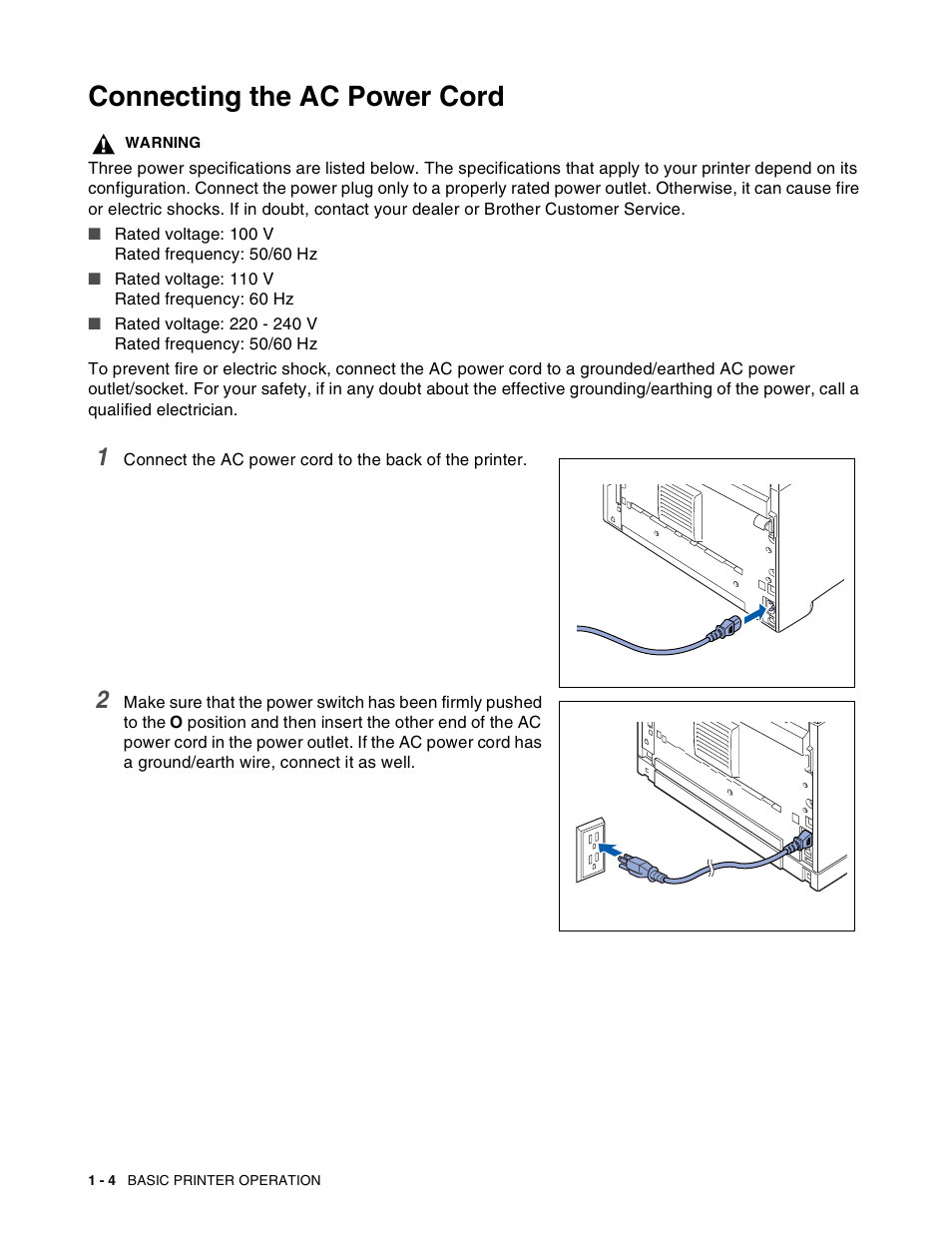 Connecting the ac power cord, Connecting the ac power cord -4 | Brother HL-8050N User Manual | Page 31 / 216