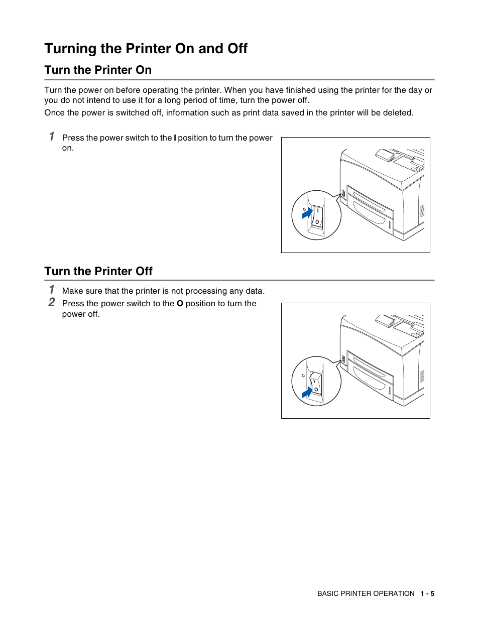 Turning the printer on and off, Turn the printer on, Turn the printer off | Turning the printer on and off -5, Turn the printer on -5 turn the printer off -5 | Brother HL-8050N User Manual | Page 32 / 216