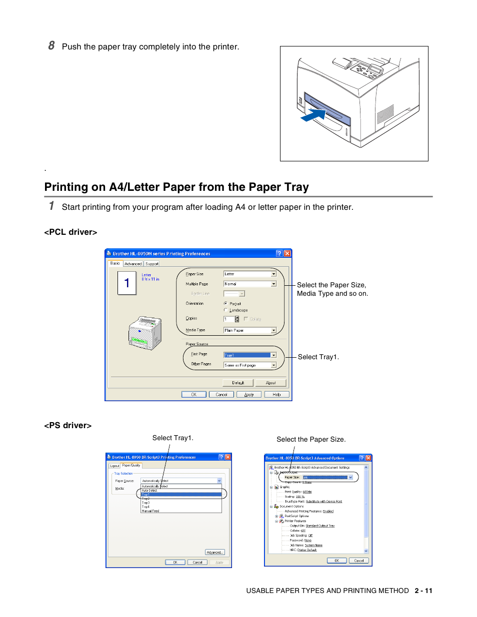 Printing on a4/letter paper from the paper tray | Brother HL-8050N User Manual | Page 44 / 216