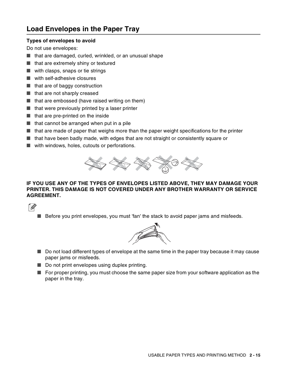 Load envelopes in the paper tray, Load envelopes in the paper tray -15 | Brother HL-8050N User Manual | Page 48 / 216