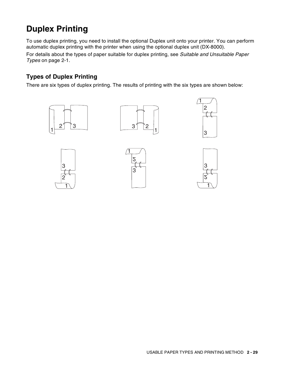 Duplex printing, Types of duplex printing, Duplex printing -29 | Types of duplex printing -29 | Brother HL-8050N User Manual | Page 62 / 216