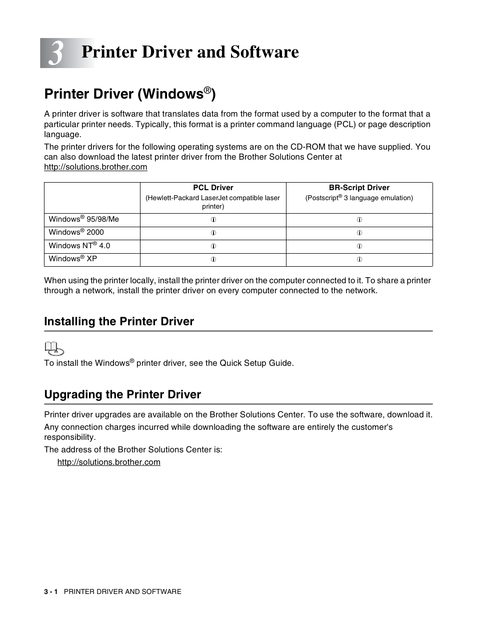 Printer driver and software, Printer driver (windows®), Installing the printer driver | Upgrading the printer driver, Printer driver and software -1, Printer driver (windows | Brother HL-8050N User Manual | Page 63 / 216