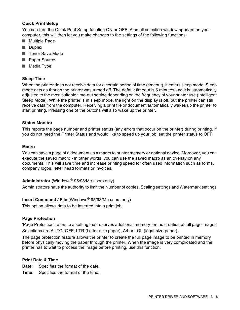 Quick print setup, Sleep time, Status monitor | Macro, Administrator (windows, 95/98/me users only), Insert command / file (windows, Print date & time | Brother HL-8050N User Manual | Page 68 / 216