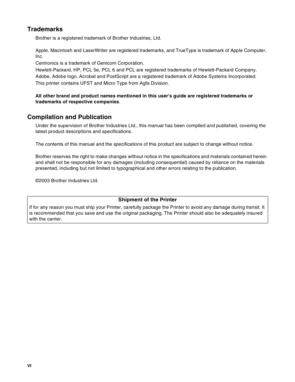 Trademarks, Compilation and publication | Brother HL-8050N User Manual | Page 7 / 216