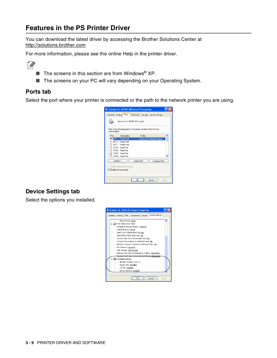 Features in the ps printer driver, Ports tab, Device settings tab | Features in the ps printer driver -9, Ports tab -9 device settings tab -9 | Brother HL-8050N User Manual | Page 71 / 216