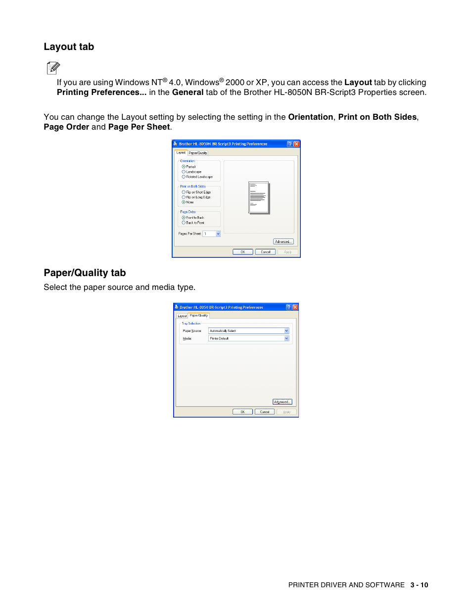 Layout tab, Paper/quality tab, Layout tab -10 paper/quality tab -10 | Brother HL-8050N User Manual | Page 72 / 216