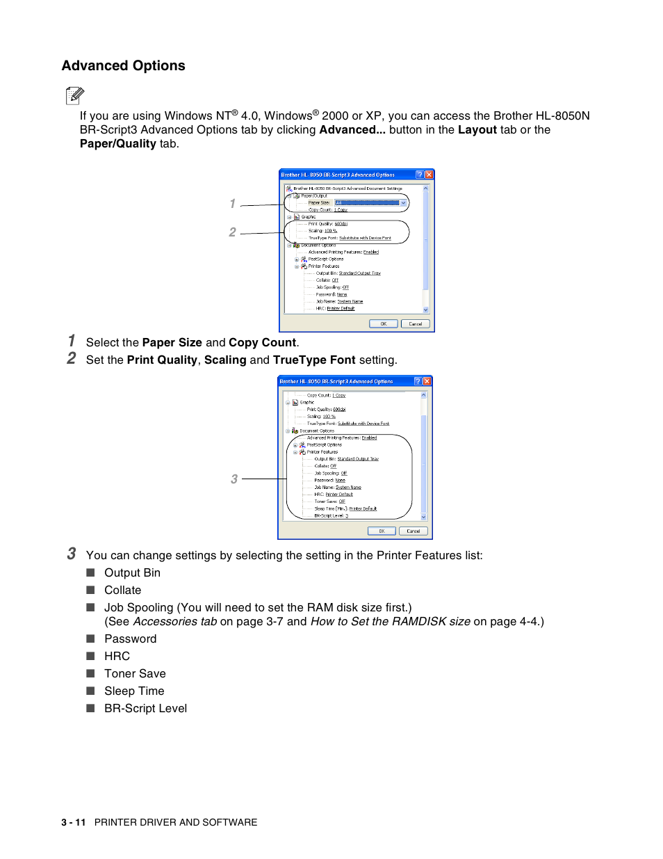 Advanced options, Advanced options -11 | Brother HL-8050N User Manual | Page 73 / 216