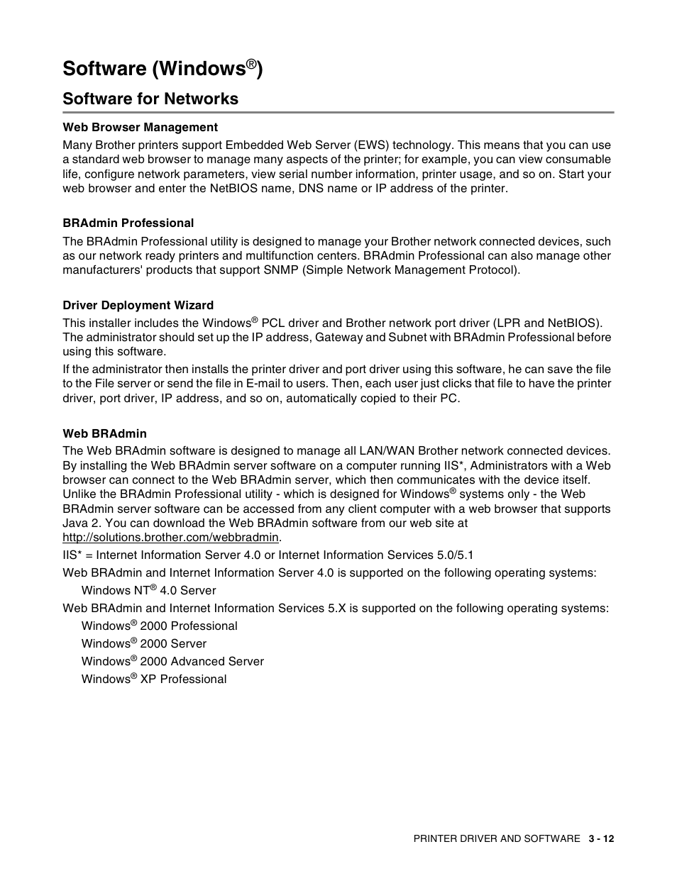 Software (windows®), Software for networks, Software (windows | Software for networks -12 | Brother HL-8050N User Manual | Page 74 / 216
