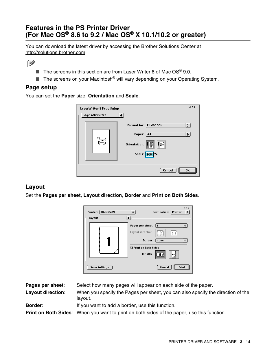 Layout, Features in the ps printer driver, For mac os | Features in the ps printer driver (for mac os, 6 to 9.2 / mac os | Brother HL-8050N User Manual | Page 76 / 216