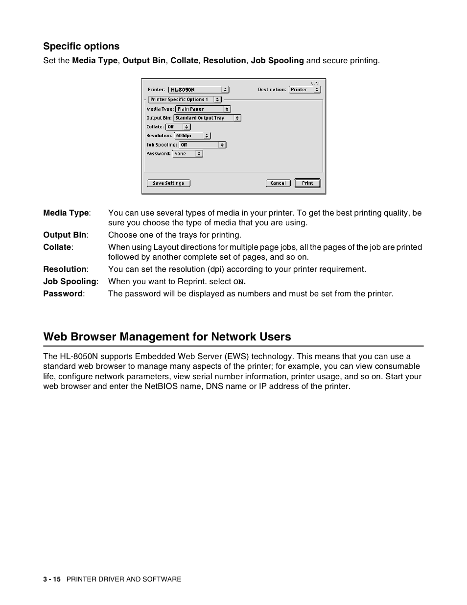 Specific options, Web browser management for network users, Specific options -15 | Web browser management for network users -15 | Brother HL-8050N User Manual | Page 77 / 216