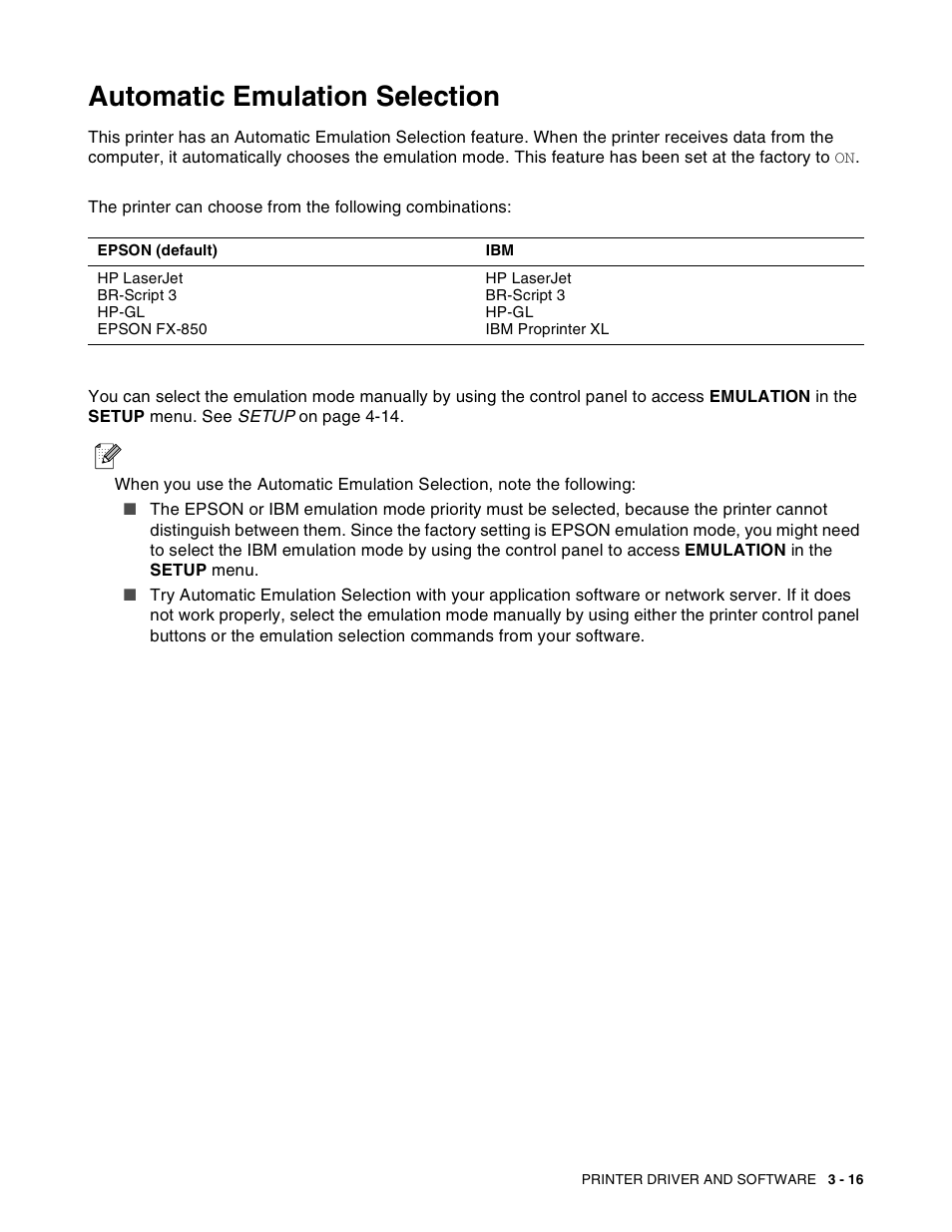 Automatic emulation selection, Automatic emulation selection -16 | Brother HL-8050N User Manual | Page 78 / 216