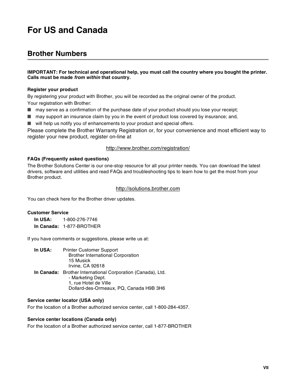 For us and canada, Brother numbers | Brother HL-8050N User Manual | Page 8 / 216