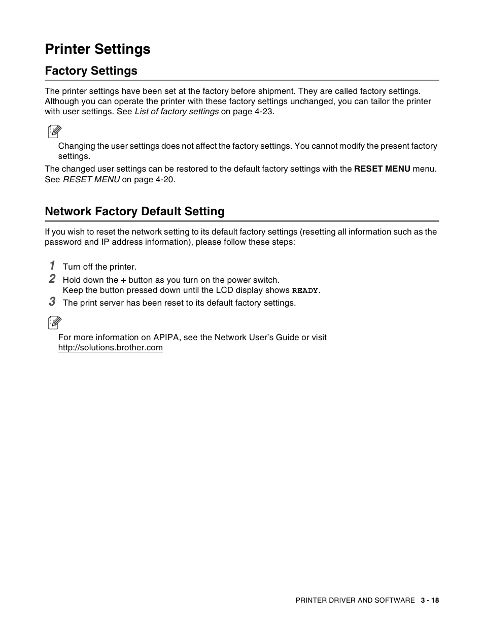 Printer settings, Factory settings, Network factory default setting | Printer settings -18 | Brother HL-8050N User Manual | Page 80 / 216