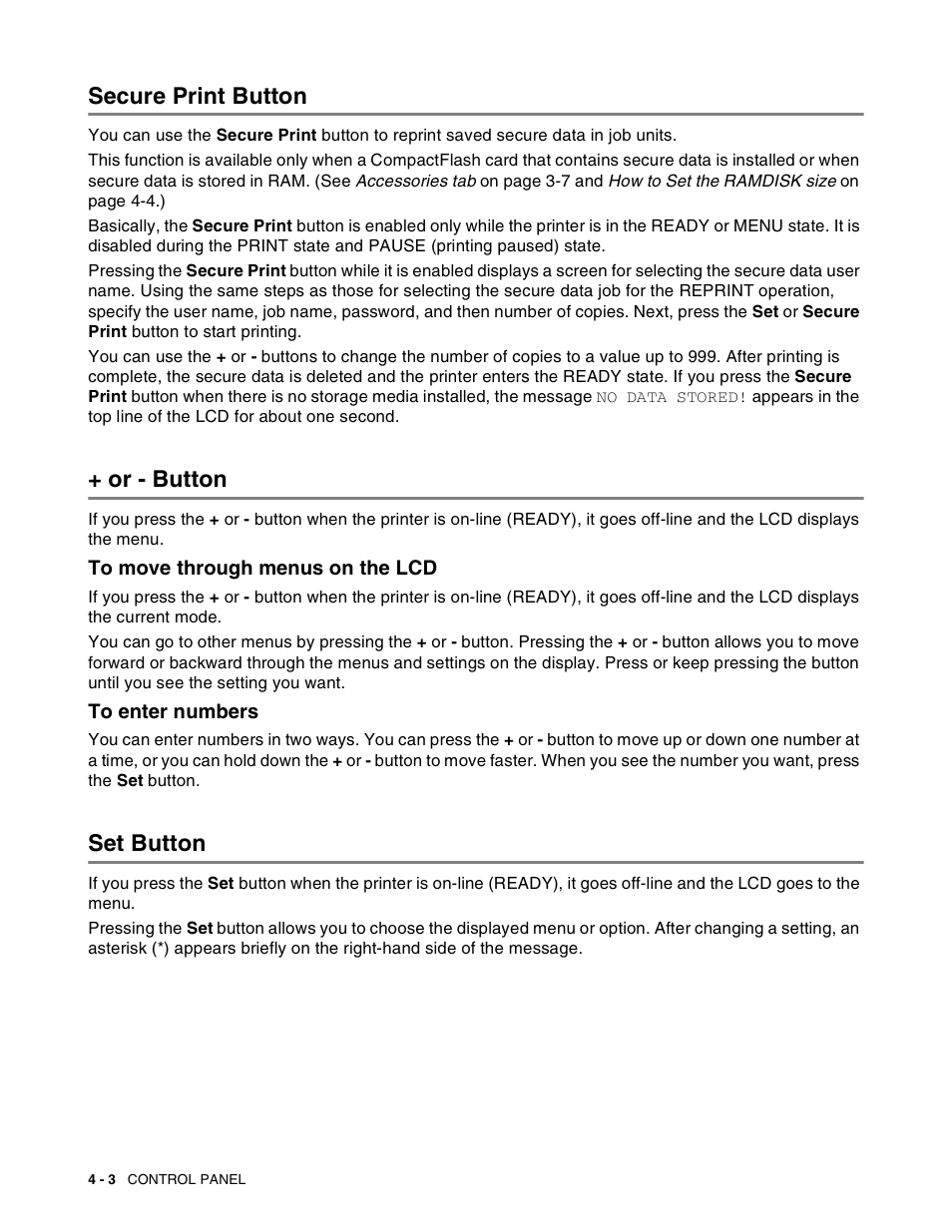Secure print button, Or - button, To move through menus on the lcd | To enter numbers, Set button, Secure print button -3 + or - button -3, Set button -3 | Brother HL-8050N User Manual | Page 83 / 216