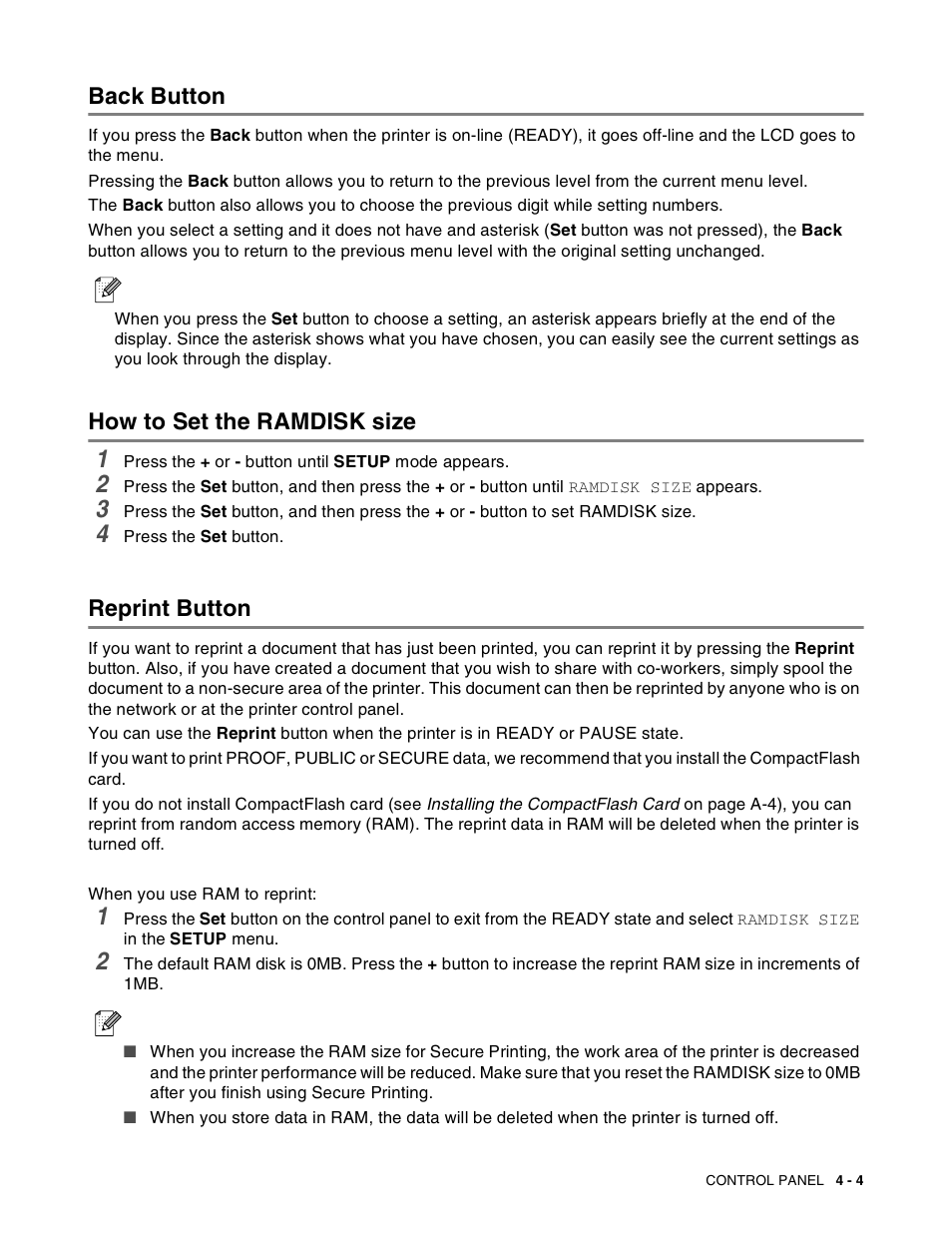 Back button, How to set the ramdisk size, Reprint button | Brother HL-8050N User Manual | Page 84 / 216