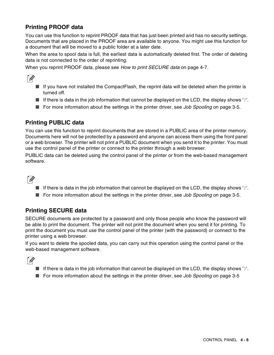 Printing proof data, Printing public data, Printing secure data | Brother HL-8050N User Manual | Page 86 / 216