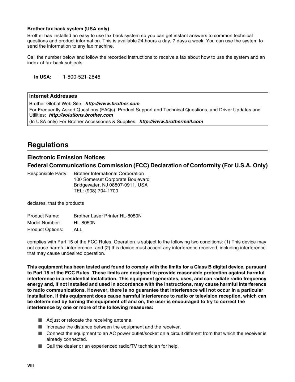 Regulations | Brother HL-8050N User Manual | Page 9 / 216