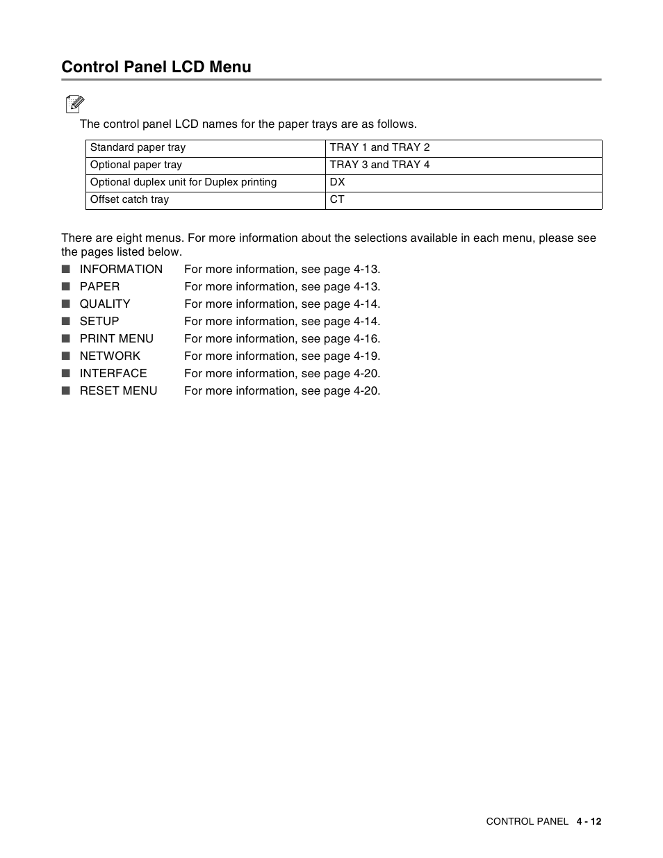 Control panel lcd menu, Control panel lcd menu -12 | Brother HL-8050N User Manual | Page 92 / 216