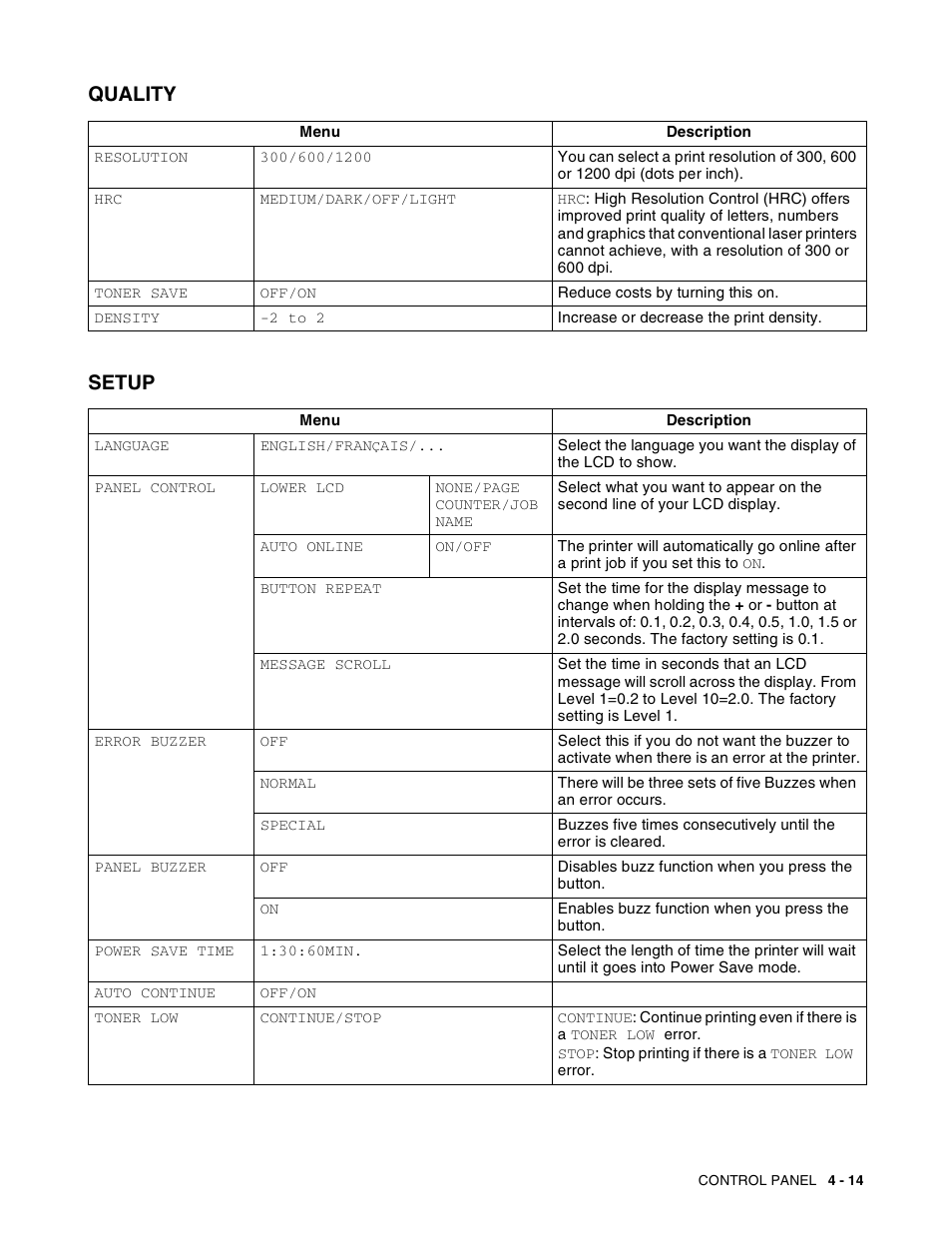 Quality, Setup, Quality -14 setup -14 | Quality setup | Brother HL-8050N User Manual | Page 94 / 216