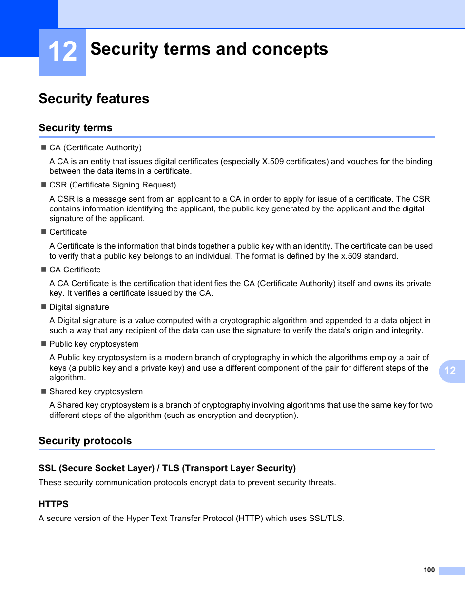 12 security terms and concepts, Security features, Security terms | Security protocols, Https, Security terms and concepts, Security terms security protocols | Brother HL-S7000DN User Manual | Page 106 / 117