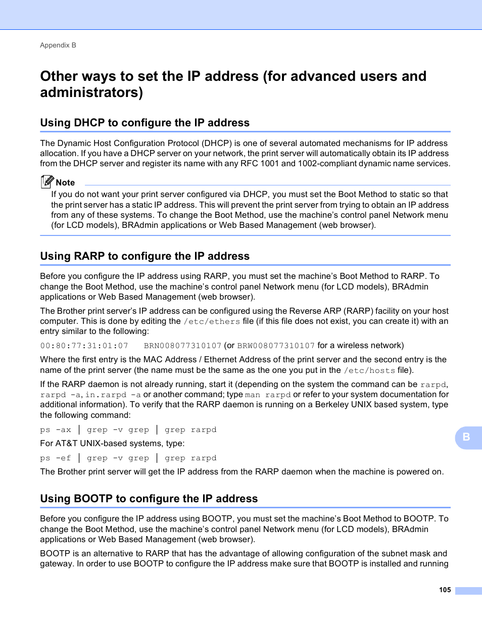 Using dhcp to configure the ip address, Using rarp to configure the ip address, Using bootp to configure the ip address | Brother HL-S7000DN User Manual | Page 111 / 117