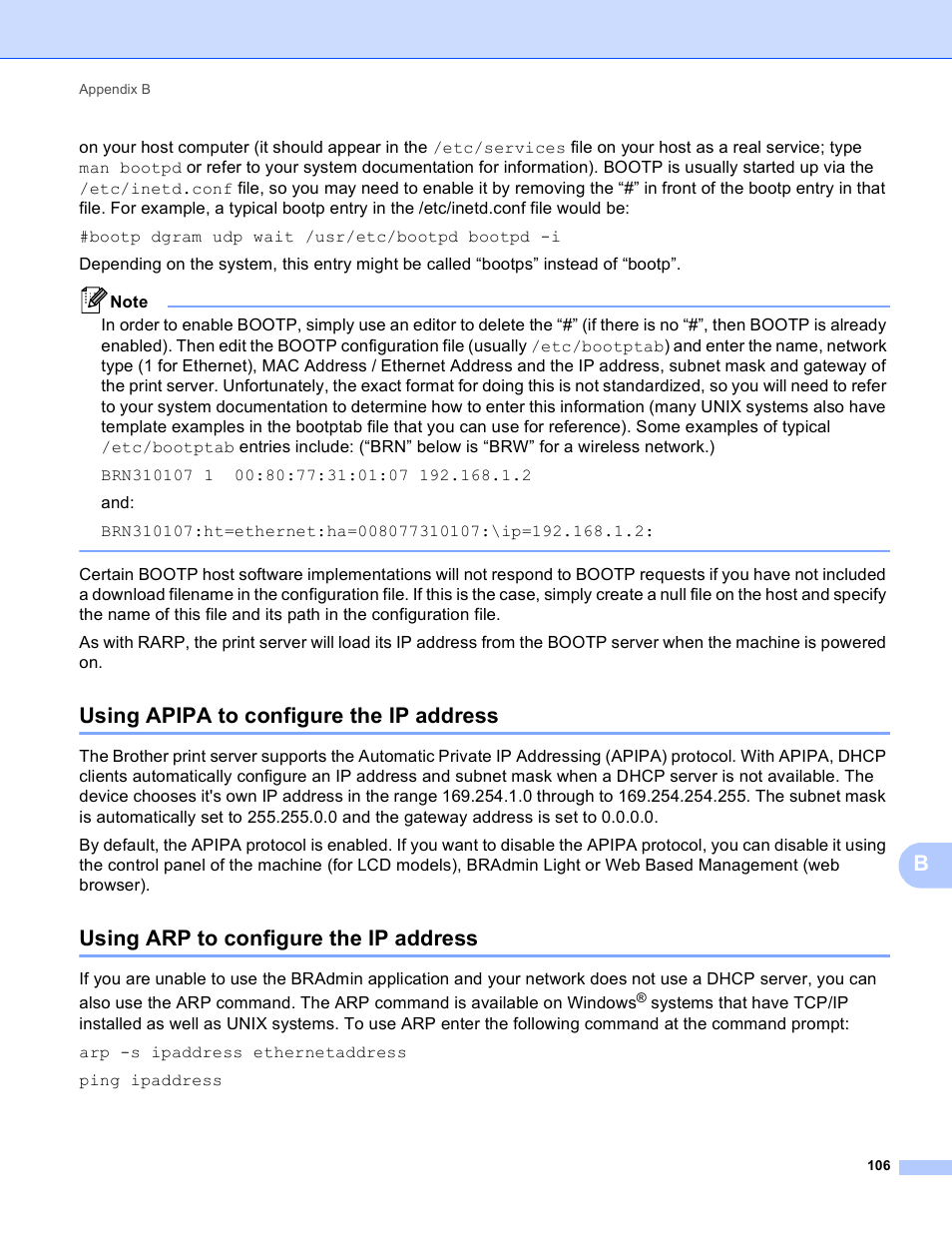Using apipa to configure the ip address, Using arp to configure the ip address | Brother HL-S7000DN User Manual | Page 112 / 117