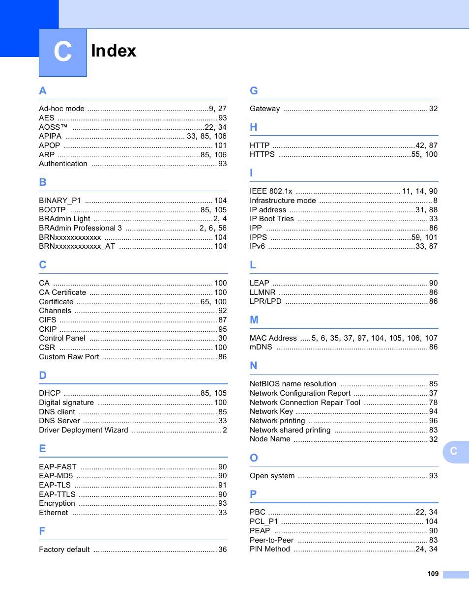 Index | Brother HL-S7000DN User Manual | Page 115 / 117