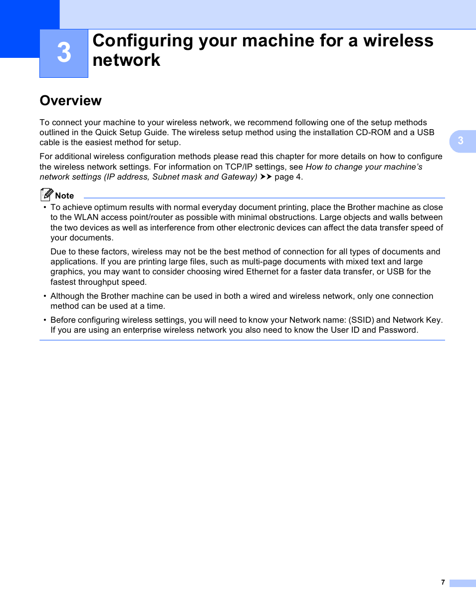 3 configuring your machine for a wireless network, Overview, Configuring your machine for a wireless network | Brother HL-S7000DN User Manual | Page 13 / 117