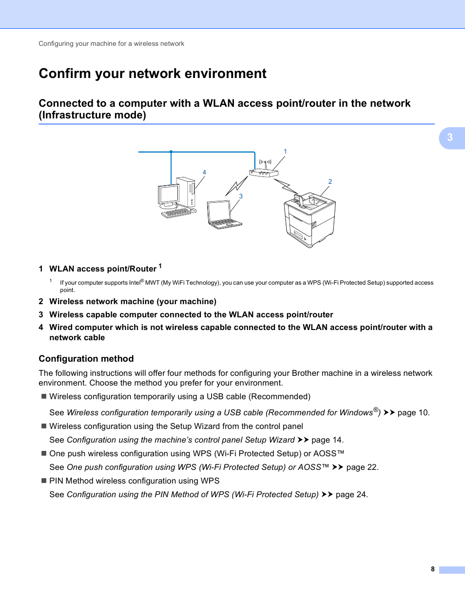 Confirm your network environment, Configuration method, Infrastructure mode) | Brother HL-S7000DN User Manual | Page 14 / 117